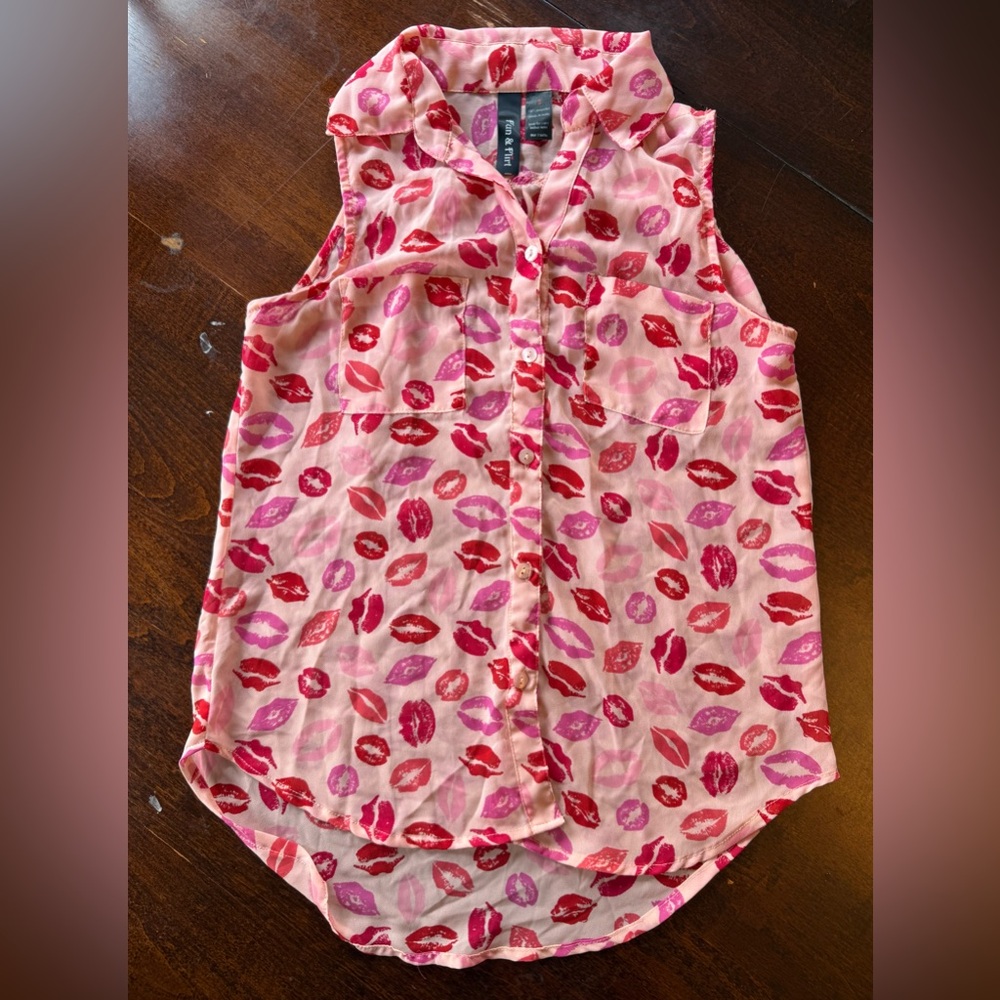 Fun & Flirt Pink and Red Lip Print Blouse